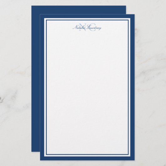 Script Marine Blauw Twee Grens Monogram Verticaal Briefpapier (Voorkant / Achterkant)