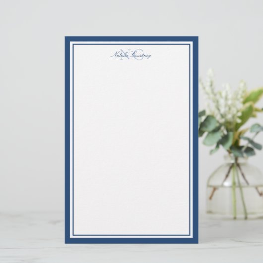 Script Marine Blauw Twee Grens Monogram Verticaal Briefpapier (Staand voorkant)