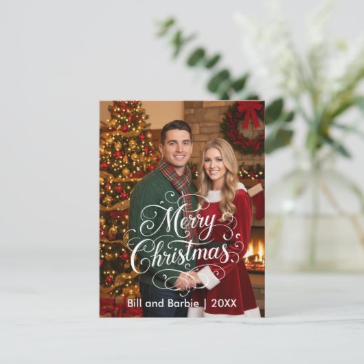 Script Merry Christmas Couples Photo Front Feestdagenkaart (Staand voorkant)