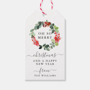 Script Merry Christmas Holiday Wreath Gift Label Cadeaulabel