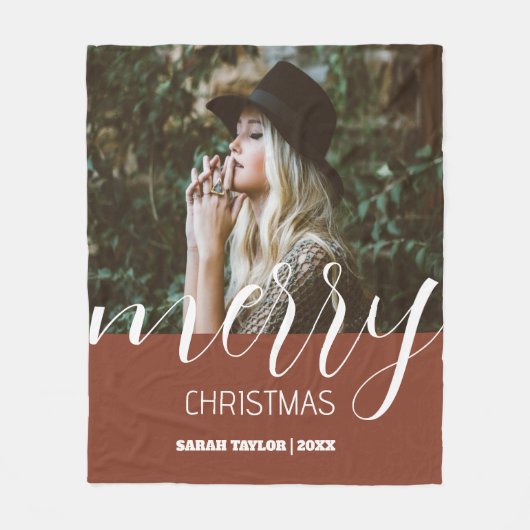 Script Merry Christmas Photo Name Gepersonaliseerd Fleece Deken (Voorkant)
