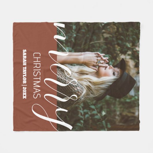 Script Merry Christmas Photo Name Gepersonaliseerd Fleece Deken (Voorkant (Horizontaal))