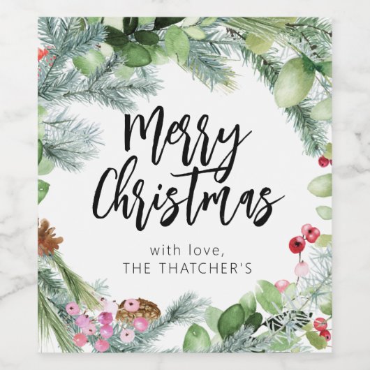 Script Merry Christmas Waterverf Greenery Wijn Etiket (Enkel label)