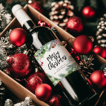 Script Merry Christmas Waterverf Greenery Wijn Etiket<br><div class="desc">Waterverf groen met script "Merry Christmas" gepersonaliseerd met bedrijfsnaam wijnlabels maakt een geweldig cadeau.</div>