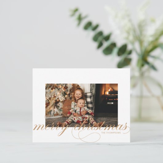 Script Merry Kerstmis Elegant Photo Briefkaart (Staand voorkant)