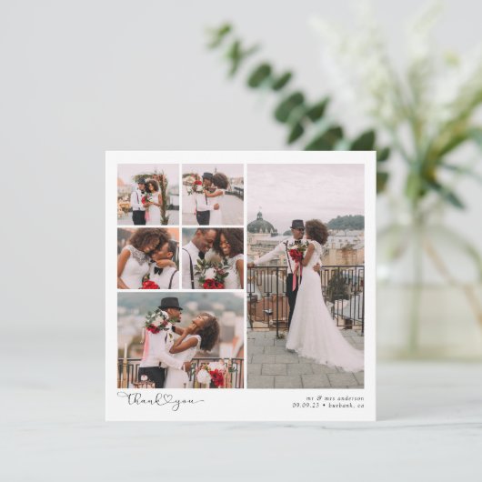 Script met Heart Multi Photo Wedding Bedankkaart (Staand voorkant)