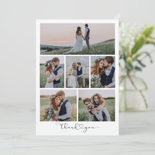 Script met Heart Multi Photo Wedding Bedankkaart (Staand voorkant)