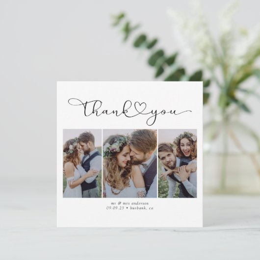 Script met Heart Multi Photo Wedding Bedankkaart (Staand voorkant)