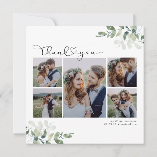 Script met Heart Multi Photo Wedding Bedankkaart (Voorkant)