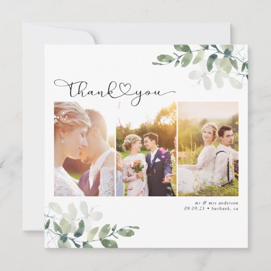 Script met Heart Multi Photo Wedding Bedankkaart (Voorkant)