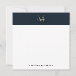 Script Metaal Navy Blauw Goud Monogram Vierkant Notitiekaartje