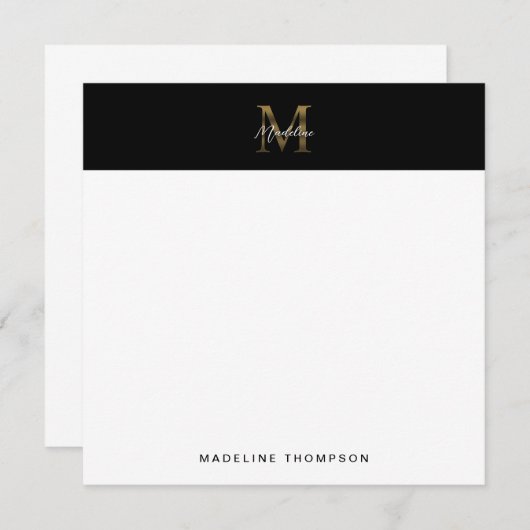 Script Metallic Black Gold Monogram Square Notitiekaartje (Voorkant / Achterkant)