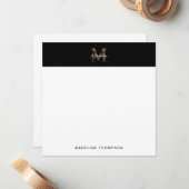 Script Metallic Black Gold Monogram Square Notitiekaartje (Voorkant / Achterkant in situ)