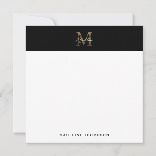 Script Metallic Black Gold Monogram Square Notitiekaartje (Voorkant)