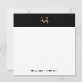 Script Metallic Black Gold Monogram Square Notitiekaartje
