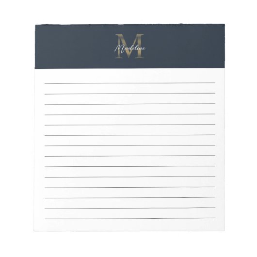 Script Metallic Navy Blue Gold Monogram Lined Notitieblok (Voorkant)
