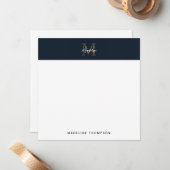 Script Metallic Navy Blue Gold Monogram Square Notitiekaartje (Voorkant / Achterkant in situ)