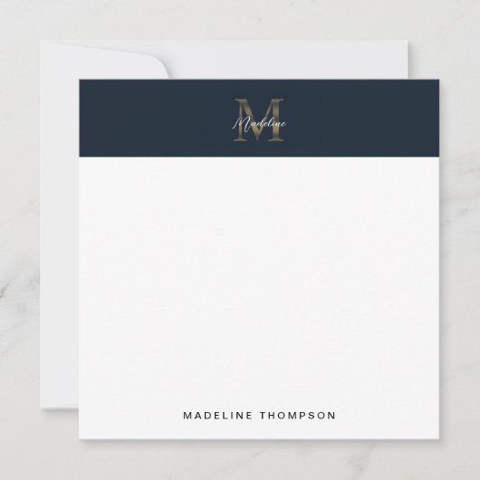 Script Metallic Navy Blue Gold Monogram Square Notitiekaartje (Voorkant)