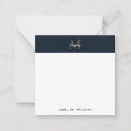 Script Metallic Navy Gold Monogram Square Mini Notitiekaartje