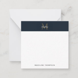 Script Metallic Navy Goud Monogram Vierkant Mini Notitiekaartje