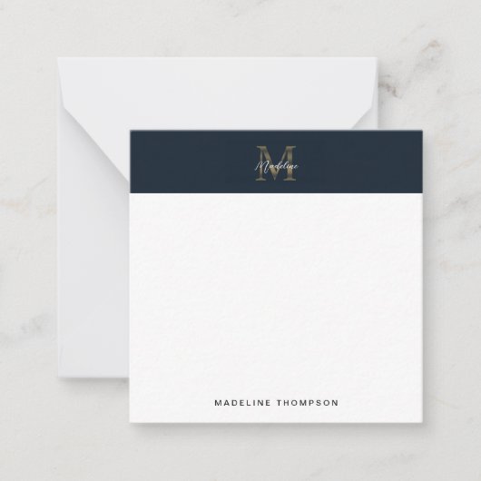 Script Metallic Navy Goud Monogram Vierkant Mini Notitiekaartje (Voorkant)