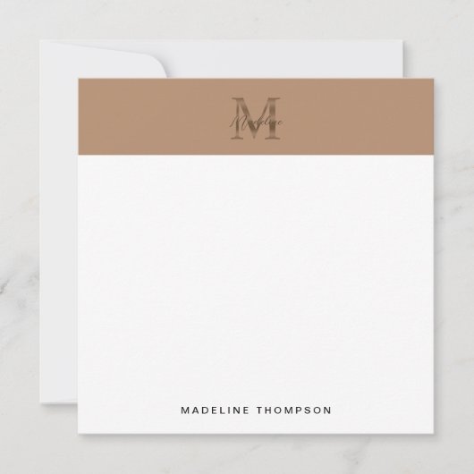 Script Metallic Taupe Gold Monogram Square Notitiekaartje (Voorkant)