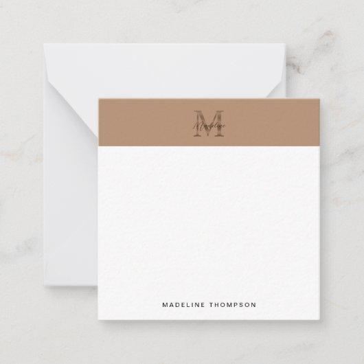 Script Metallic Taupe Gold Monogram Square Notitiekaartje (Voorkant)