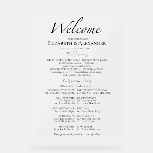 Script Minimalist Acryl Ceremony Program Sign Bord (Voorkant)