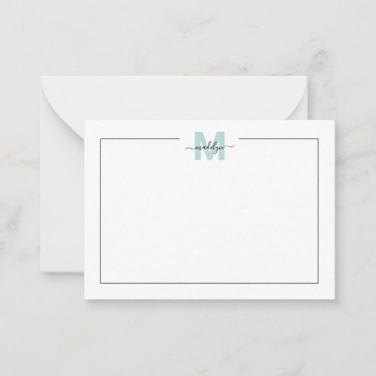 Script Minimalist Blauwgroen Blue Name Monogram Notitiekaartje (Voorkant)