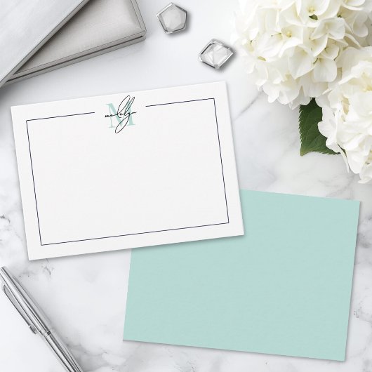 Script Minimalistische Teal Blauwe Naam Monogram Notitiekaartje