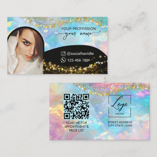 Script Modern boog holografisch opaal QR-code logo Visitekaartje (Voorkant / Achterkant)