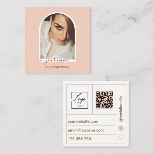 Script Modern boog roze foto qr code logo Vierkante Visitekaartje (Voorkant / Achterkant)