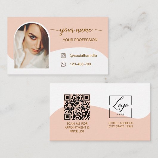 Script Modern boog roze foto qr code logo Zakelijk Visitekaartje (Voorkant / Achterkant)