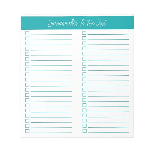 Script Modern Elegante Teal Twee Kolommen Checklis Notitieblok (Voorkant)