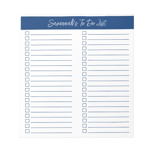 Script Modern Navy Blauwe Twee Kolommen Checklist Notitieblok (Voorkant)