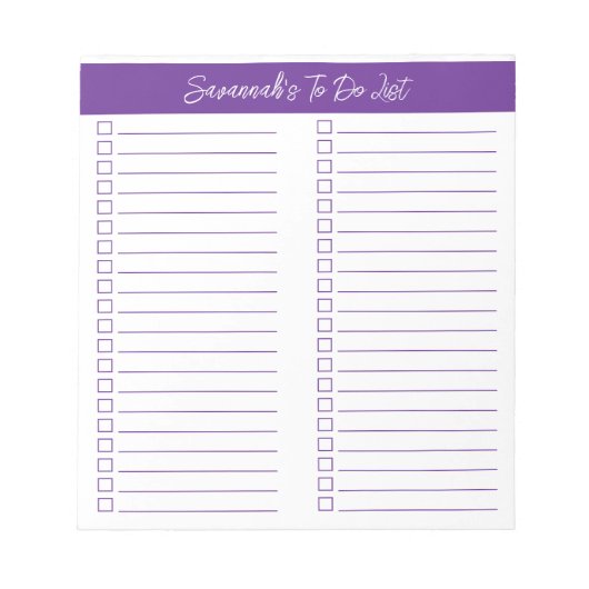 Script Modern Paars Checklist met Twee Kolommen Notitieblok (Voorkant)
