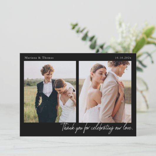 Script Modern Wedding 2 Photos Thank You Card Bedankkaart (Staand voorkant)