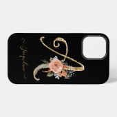 Script Monogram A Zwart Goud BOHO Roze Bloem Blad iPhone Hoesje (Achterkant horizontaal)