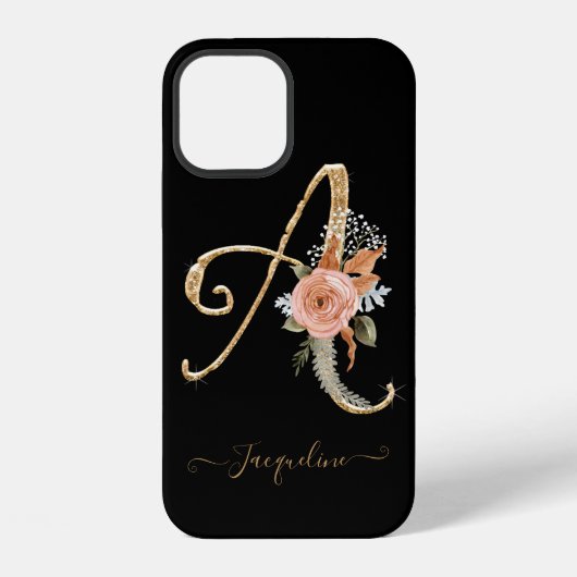 Script Monogram A Zwart Goud BOHO Roze Bloem Blad iPhone Hoesje (Achterkant)