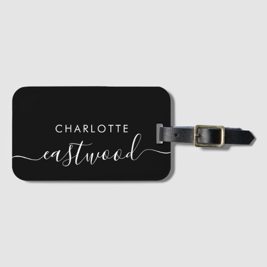 Script Monogram Black Luggage Tag Bagagelabel (Voorkant (horizontaal))