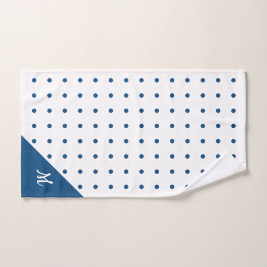 Script Monogram Blauw op wit Polka Dot Patroon Bad Handdoek (Handdoek)