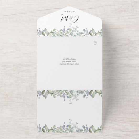 Script Monogram Bloem QR Code Bruiloft  All In One Uitnodiging (Buitenkant)