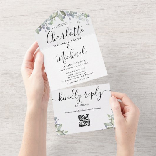 Script Monogram Bloem QR Code Bruiloft  All In One Uitnodiging (Afscheurbaar)