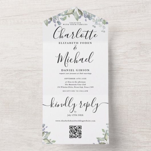 Script Monogram Bloem QR Code Bruiloft  All In One Uitnodiging (Binnen)