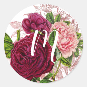 Script Monogram   Blush & Burgundy Bloemen Ronde Sticker