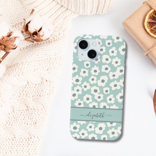 Script Monogram Boho Groen Wit Grijs Bloem iPhone 15 Case