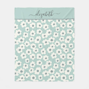 Script Monogram Boho Groen Wit Grijs Bloemmotief Fleece Deken