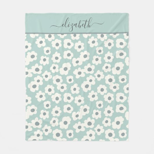 Script Monogram Boho Groen Wit Grijs Bloemmotief Fleece Deken (Voorkant)