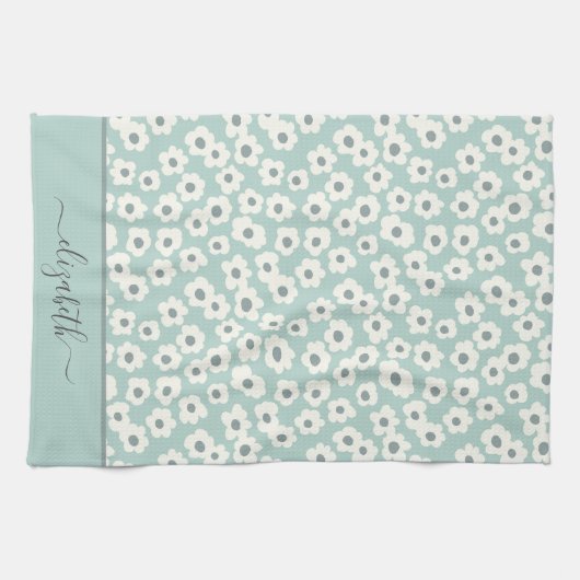 Script Monogram Boho Sage Groen Wit Grijs Bloem Theedoek (Horizontaal)