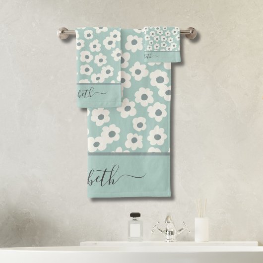 Script Monogram Boho Salie Groen Wit Grijs Bloem Bad Handdoek
